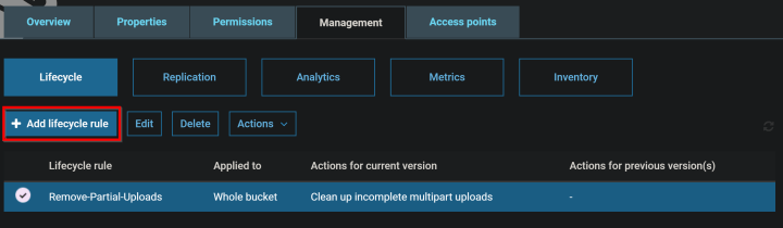 S3 bucket lifecycle rule showing removing multipart uploads after 1 day